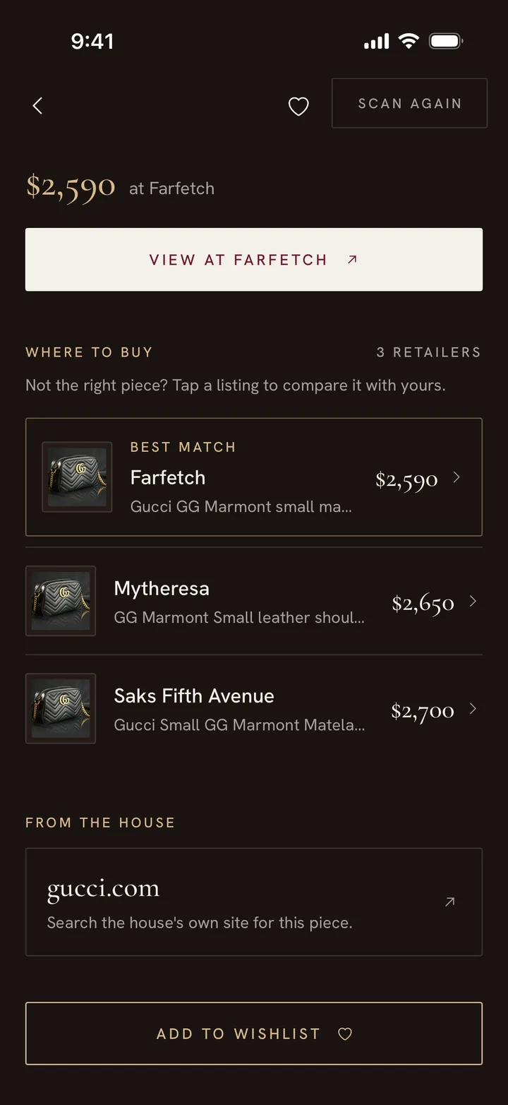 Where to buy, in Night: Farfetch at $2,590 as the best match, then Mytheresa and Saks Fifth Avenue, and gucci.com from the house.