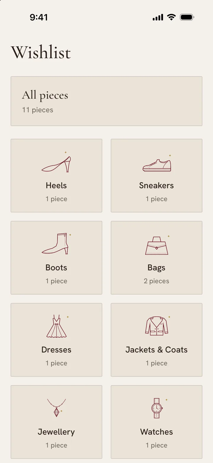 The Wishlist as a wardrobe: All pieces, then Heels, Sneakers, Boots, Bags, Dresses, Jackets & Coats, Jewellery and Watches, each with a fine line drawing and its count.